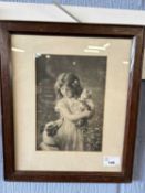 Print of Girl Holding a Kitten with a Dog, 14cm wide, glazed and framed