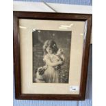 Print of Girl Holding a Kitten with a Dog, 14cm wide, glazed and framed