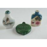 Small box containing three scent bottles with painted decoration of flowers and landscapes