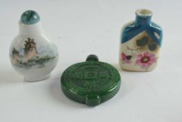 Small box containing three scent bottles with painted decoration of flowers and landscapes