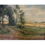 British School, 20th century, view across a rural landscape with distant haystacks, oil on canvas,