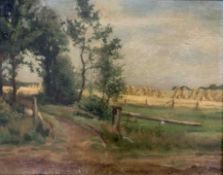 British School, 20th century, view across a rural landscape with distant haystacks, oil on canvas,