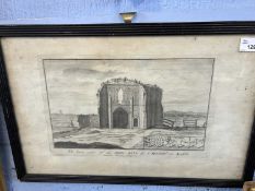 The East Side of the Abbey Gate, St Bennet in Norfolk, engraving, 31cm wide, glazed and framed