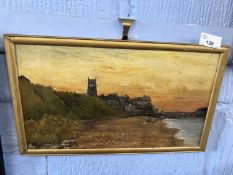 View of Cromer showing the church tower, beach and jetty by Harry Faux, oil on board, 34cm wide,