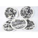 FIVE 1950S WEDGWOOD CLARE LEIGHTON NEW ENGLAND INDUSTRIES BLACK PRINTED PLATES, FARMING, ICE
