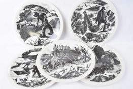 FIVE 1950S WEDGWOOD CLARE LEIGHTON NEW ENGLAND INDUSTRIES BLACK PRINTED PLATES, FARMING, ICE