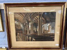 St Michael at Thorne Burst, Norwich by G Baird, 1930, watercolour, 47cm wide, glazed and framed