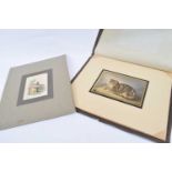 A folder containing a print entitled Puss Napping by George Baxter in original mount, the print