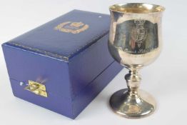 Silver goblet in original box made to commemorate the Queen's Silver Jubilee, Sheffield marks to the