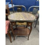 Frenchl kidney shaped bedside or occasional table with marble top surrounded by a brass gallery over