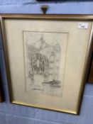 Interior view of a Church, unsigned, pencil, pen and ink on paper, 21cm wide, glazed and framed