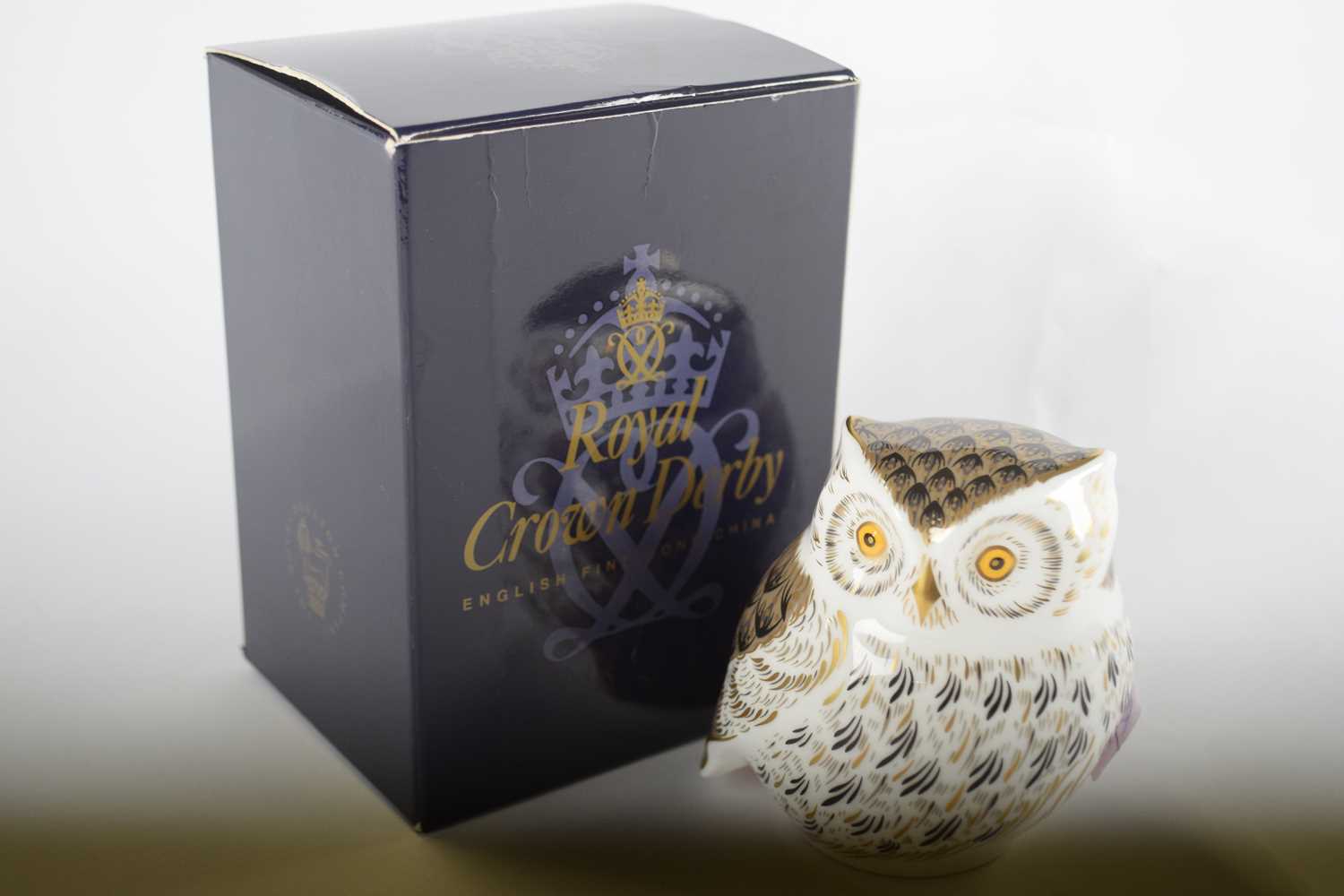 Royal Crown Derby paperweight model of a little grey owl with box