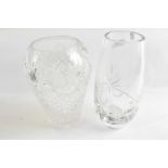 Large lead crystal vase with etched design, label for Gleneagles Crystal together with a similar