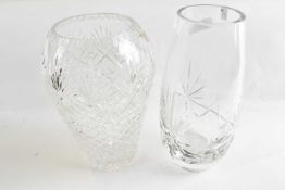 Large lead crystal vase with etched design, label for Gleneagles Crystal together with a similar