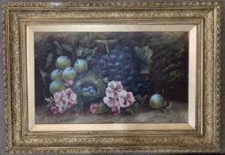 Evelyn Chester (British,1875-1929), still life study of grapes, flowers and nesting eggs, oil on