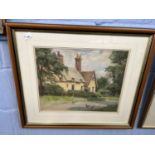 Cottage on a Lane by E V Cole, pastel on paper, 42cm wide, glazed and framed