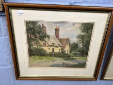 Cottage on a Lane by E V Cole, pastel on paper, 42cm wide, glazed and framed