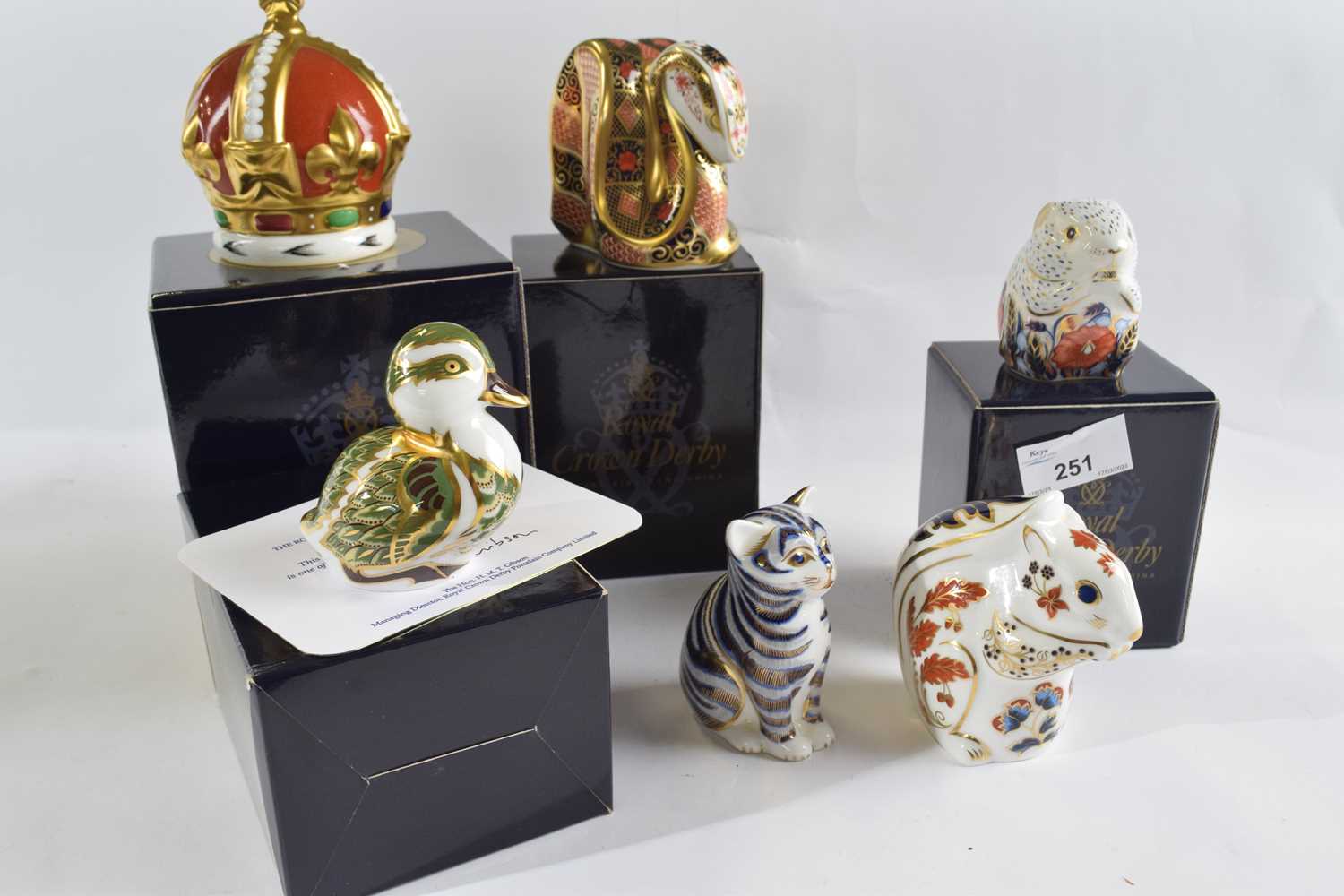 A group of six Crown Derby paperweights including a model of a cat, squirrel, poppy mouse, old Imari - Image 2 of 2