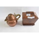 Wooden money box raised on four feet together with a copper jug and cover