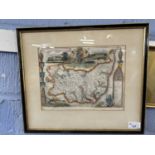 Map of Suffolk, coloured engraving, 26cm wide, glazed and framed