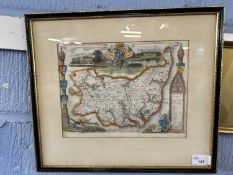 Map of Suffolk, coloured engraving, 26cm wide, glazed and framed