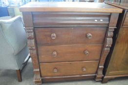 Victorian mahogany veneered Scotch style four drawer chest with carved pillar decoration and