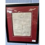 Discharge papers from the 96th Regiment of Foot for No 896 Matthews, 19cm wide, glazed and framed