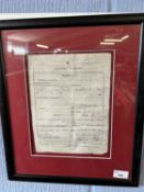 Discharge papers from the 96th Regiment of Foot for No 896 Matthews, 19cm wide, glazed and framed