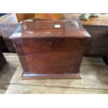 A mahogany humidor cabinet with hinged lid and full front opening to a partitioned top section and