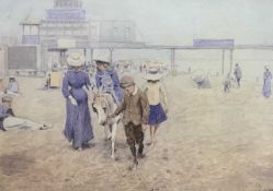 In the manner of Gerrard Lants (British,1927-1998), a Victorian / Edwardian beach scene, watercolour