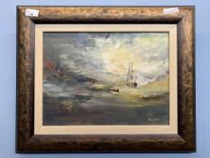 contemporary, late 20th / 21st century, a rowing boat travels out on a choppy sea from a ship, oil