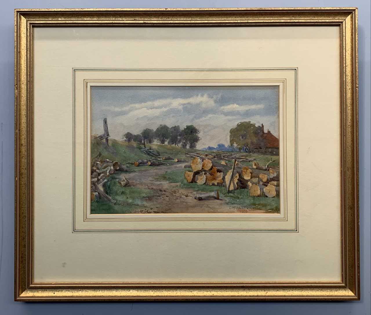 Charlotte M. Alston RBA (British, exh.1887-1914) 'The Timberyard', watercolour ,6.5x9.5ins, framed