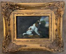 G. Roy (British,19th century), spaniel in a rural landscape, oil on board, signed, 4.5x6.5ins,