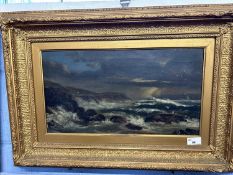 Stormy Coastline, unsigned, oil on canvas, 44cm wide in moulded gilt frame