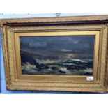 Stormy Coastline, unsigned, oil on canvas, 44cm wide in moulded gilt frame