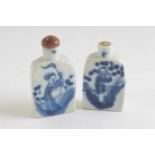 Two ceramic scent bottles with blue and white painted designgood condition lacking stopper to one