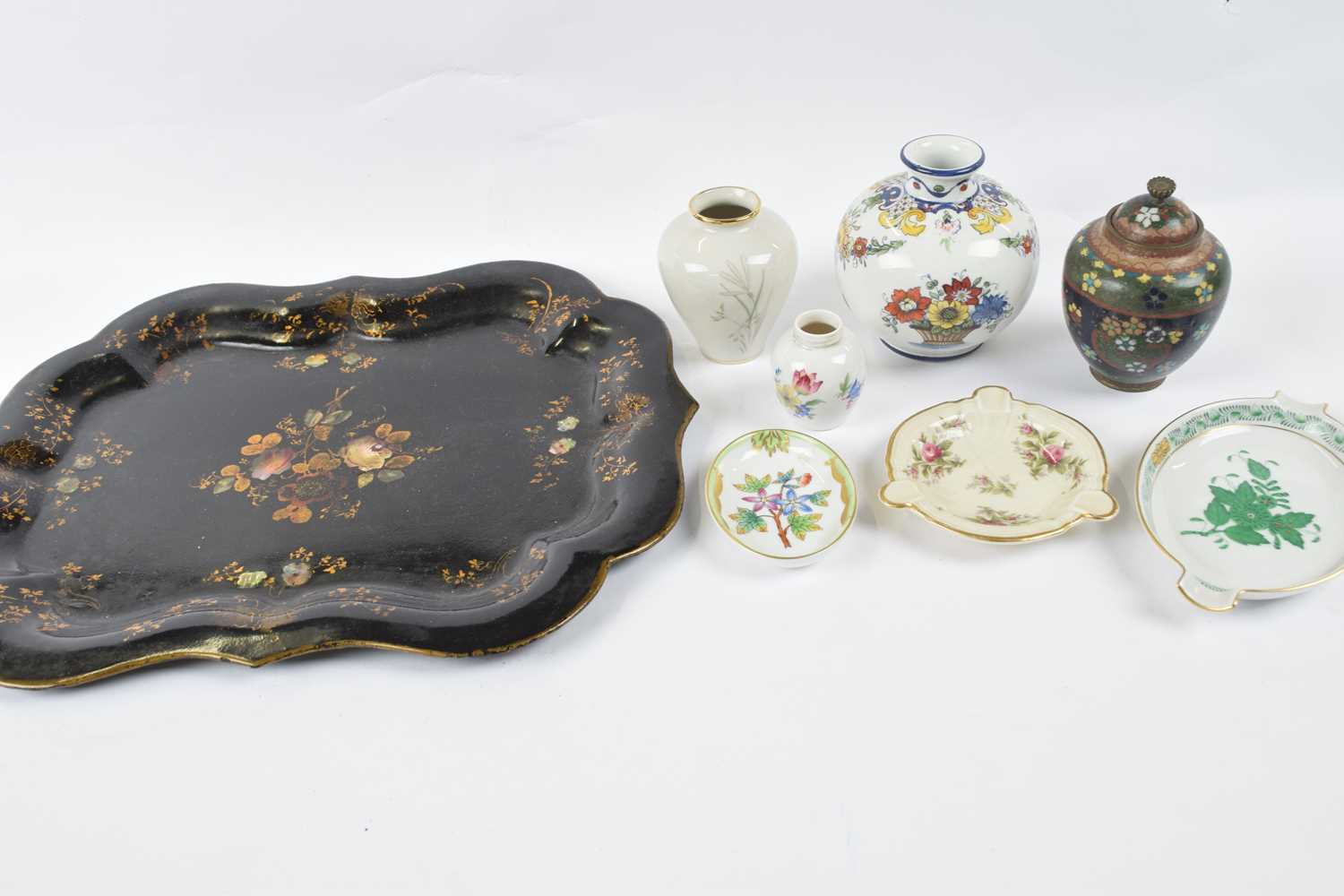 Small Cloisonne jar and cover and other small ceramic items on shaped lacquered tray