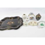 Small Cloisonne jar and cover and other small ceramic items on shaped lacquered tray