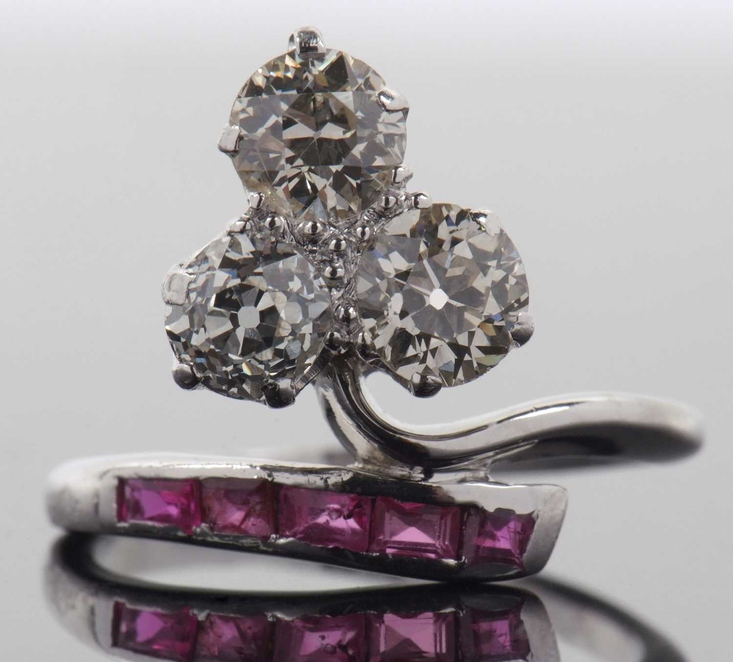 Diamond and ruby ring, the trefoil set three old brilliant cut diamonds, total carat weight - Image 10 of 45