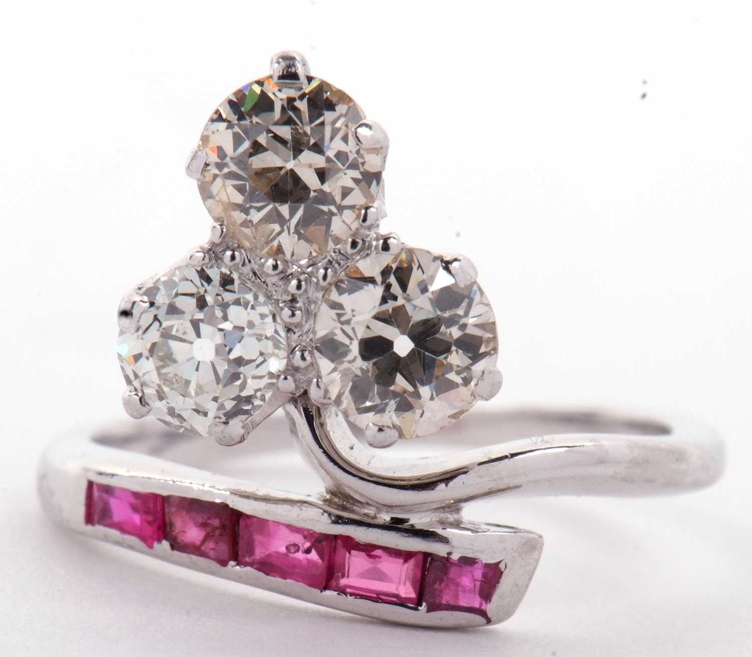 Diamond and ruby ring, the trefoil set three old brilliant cut diamonds, total carat weight - Image 29 of 45