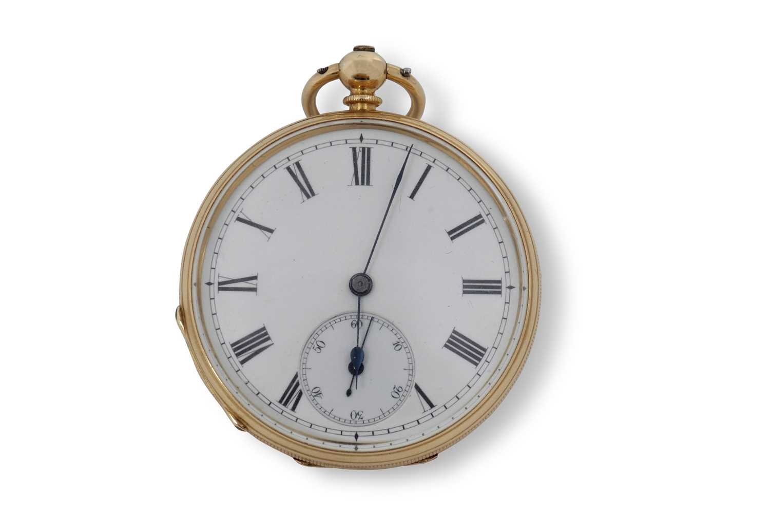 A yellow metal pocket watch stamped 18k inside the case back with a Dent of London fitted box, the