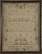 A Georgian needlework sampler decorated with rows of religious text and a stylised floral border,