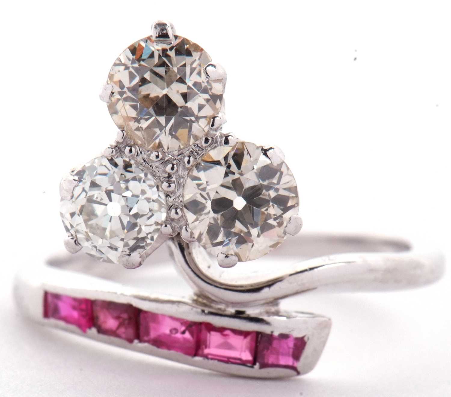 Diamond and ruby ring, the trefoil set three old brilliant cut diamonds, total carat weight - Image 3 of 45