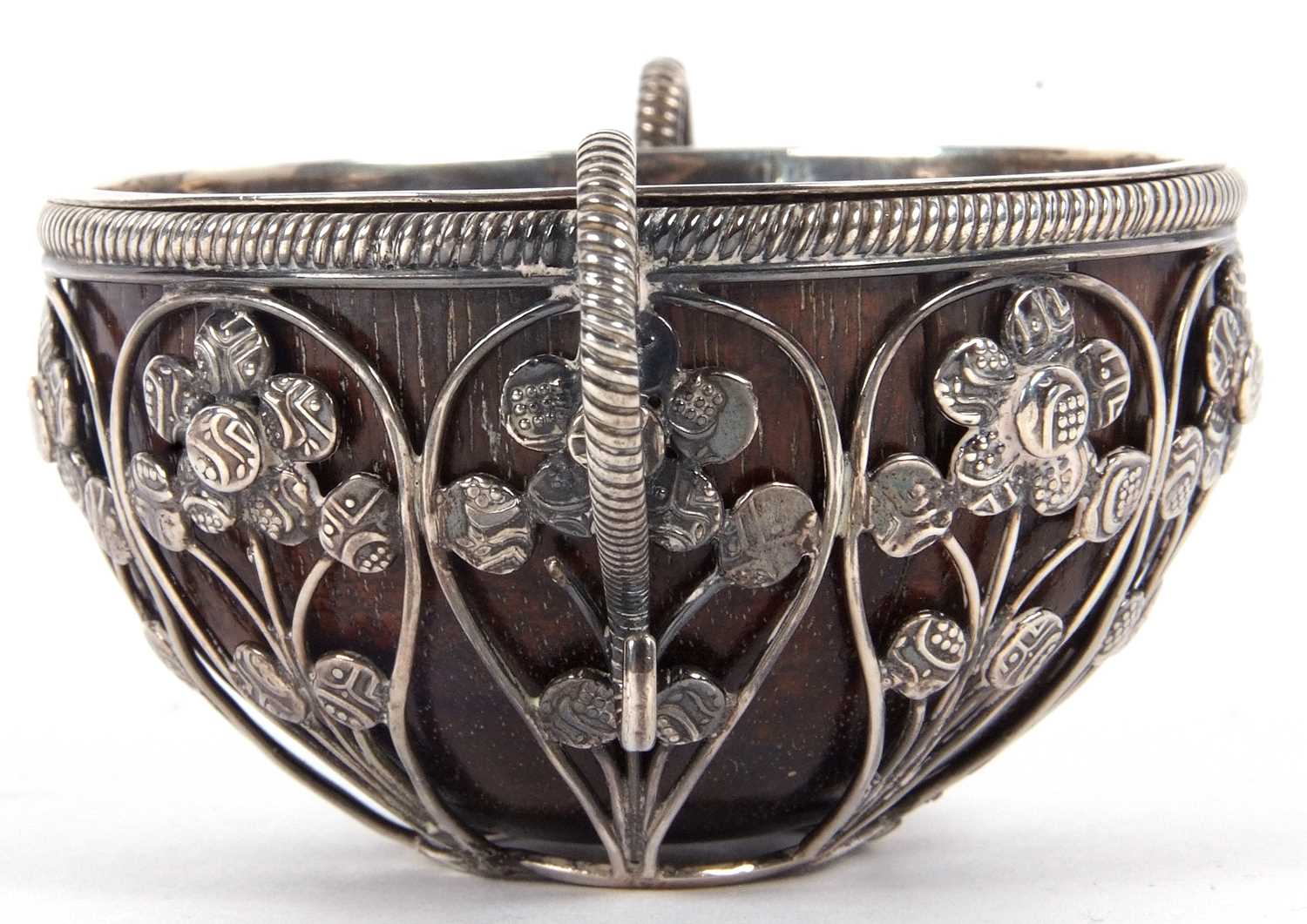 An antique unmarked white metal framed small coconut cup having nine open wire work panels each - Image 2 of 10