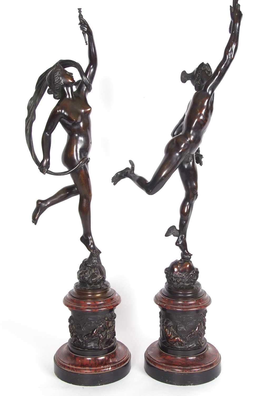 After Giambologna: a pair of Grand Tour bronze figures of Mercury and Fortuna, on red marble socle - Image 9 of 14