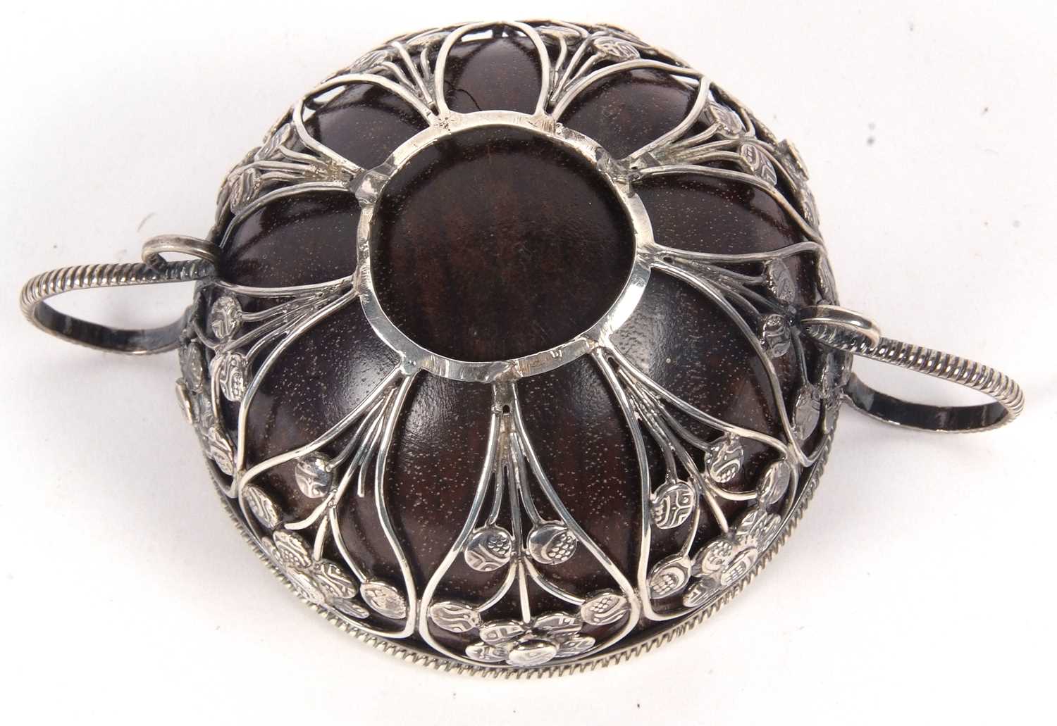 An antique unmarked white metal framed small coconut cup having nine open wire work panels each - Image 5 of 10