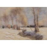 Henry Frank Waring (fl.1900-1928), a view from the riverbank in winter, watercolour, signed,