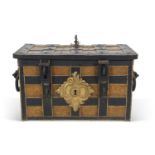 17th Century iron armada type box covered in strap work detail, large foliate escutcheon and