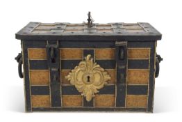 17th Century iron armada type box covered in strap work detail, large foliate escutcheon and