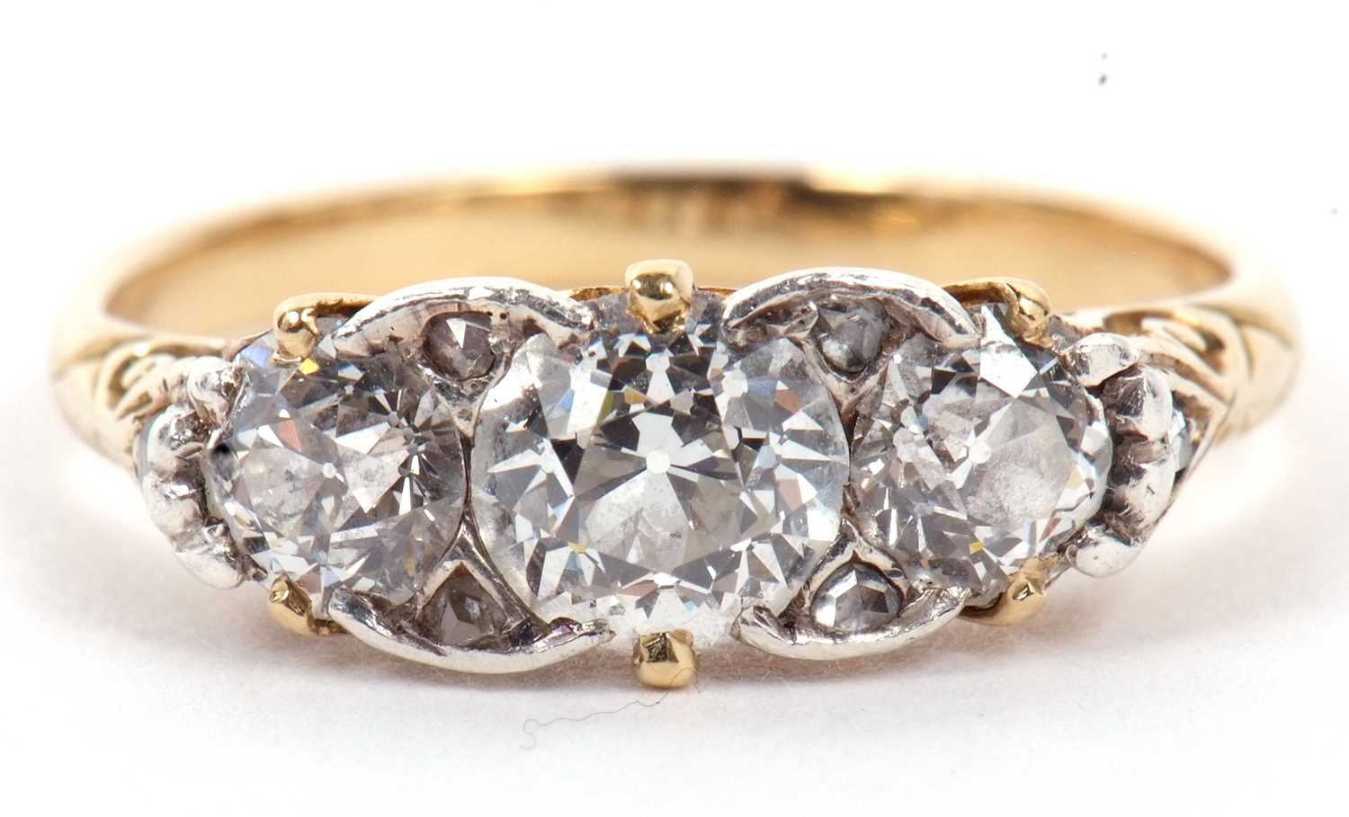 Three stone diamond ring, the graduated round old brilliant cut diamonds, total estimated approx. - Image 2 of 9